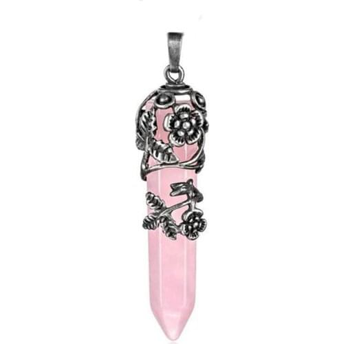 KFT Silver Plated Natural Healing Crystal Pendulum Rose Pink Quartz Hexagon Prism Leaf Flower Stone Pendant For Gift Jewelry