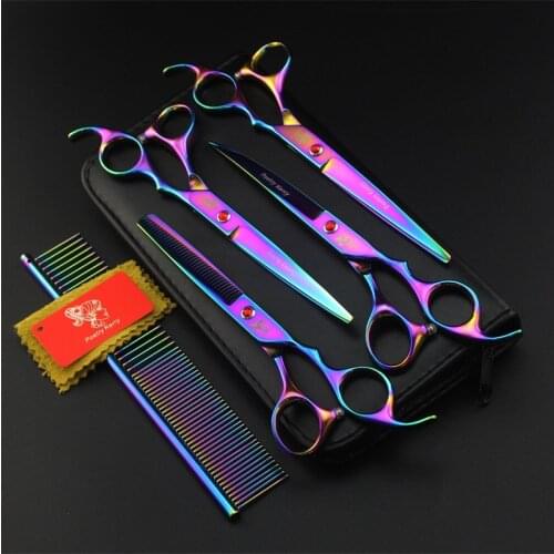 Professional 7 Inch Pet Grooming Scissors Dog Groomers Dog Shears Hair Cutting Thinning Curved Scissors with Comb 5pcs/lot