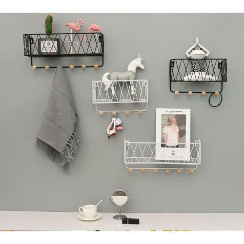 INS Simple Wall Rack Bedroom Decor Room Accessories Shelf Organizer Key Holder Hooks Hangers Iron Grid Organizers Storage