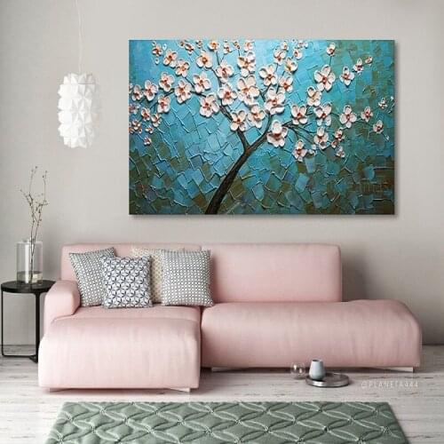 Hand Painted Lavender Landscape Blooming Tree Pink Flower Painting Original textured palette knife Acrylic painting