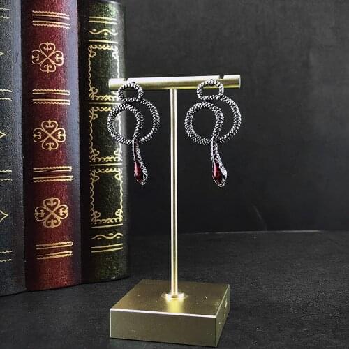 Vintage Silver Color Origional Dark Gothic Victoria Punk Snake-Shaped Red Head Drop Ear Stud Earrings Primary Source