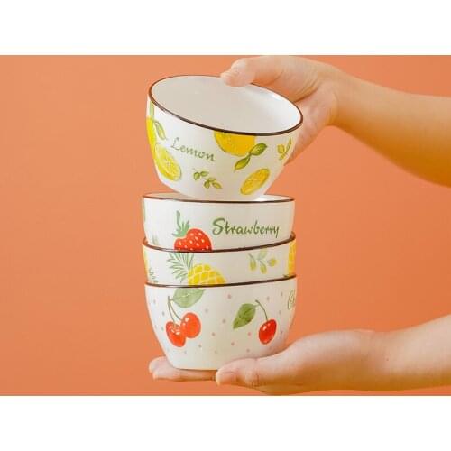 Japanese Ceramic Bowl Creative Cartoon Rice Bowl Cute Snack Square Bowl Household Rice Bowl High Foot Underglaze Color Tableware