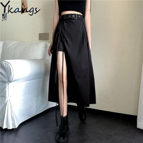 Gothic Black Skirt Korea Irregular High Waist Pleated Skirt With Belt Women Summer Streetwear Casual Split Long Skirt Lady 2021