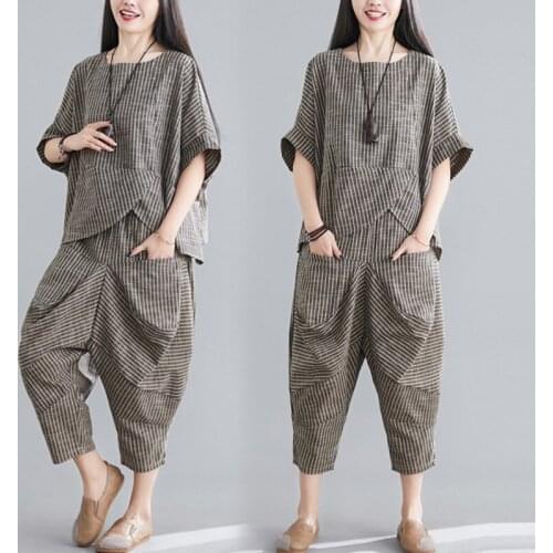 Plus Size Summer New Fashion Suit Womens Irregular Blouse + Elastic Waist Seven-Point Pants Loose Striped Two-Piece Set Female