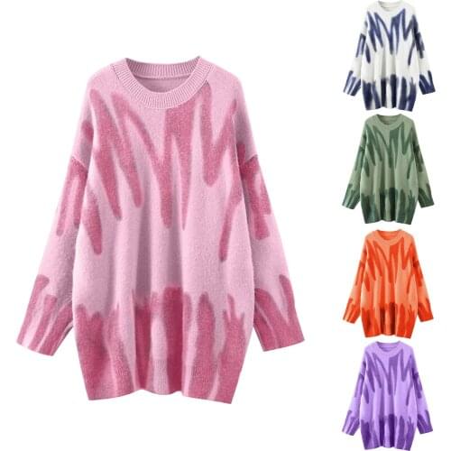 Ladies Sweater Elegant Striped Print Pullovers O-Neck Loose Long Sweater 2021 One Sized Korean Fashion Winter свитер женский