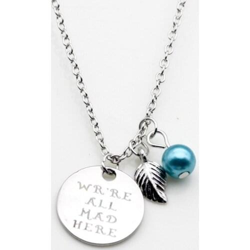 10PCS Fashion Alloy We are all mad here Inspirational Wish Necklace Jewelry Bule Red Imitation Pearls Pendant Necklace