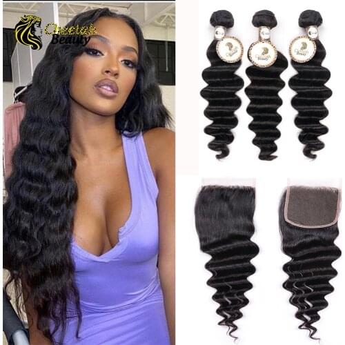 Cheetah Beauty Loose Deep Wave Human Hair Bundles With Closure 100% Human Hair 3 Bundles With Closure For Woman