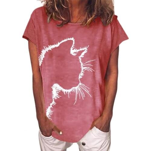 2021 Summer T-shirt Plus Size Casual Cats Head Print Short Sleeve Fashion Pullover Women O Neck Loose Tops Tee