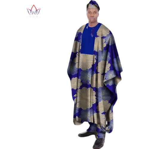 3Pcs Set African Print Wax Long Men Loose Robe Shirt and Pant Hat Dashiki Traditional African Mens Clothing Plus Size WYN1312