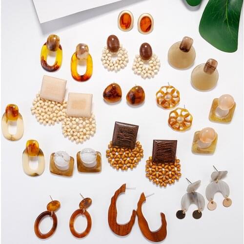 AENSOA Ethnic Wood Geometric Round Oval Square Drop Earrings Vintage Brown Acrylic Resin Statement Earrings Fashion Jewelry 2019