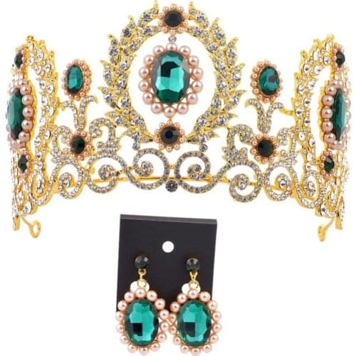 Baroque Women Rhinestone Faux Pearl Crown Tiara Earrings Wedding Jewelry Set