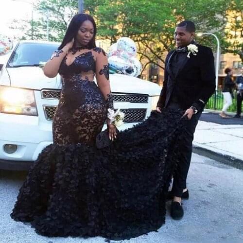Black Girl Black Prom Dresses 2020 Mermaid Off The Shoulder V Neck Long Sleeve African Girls Gala Party Gowns