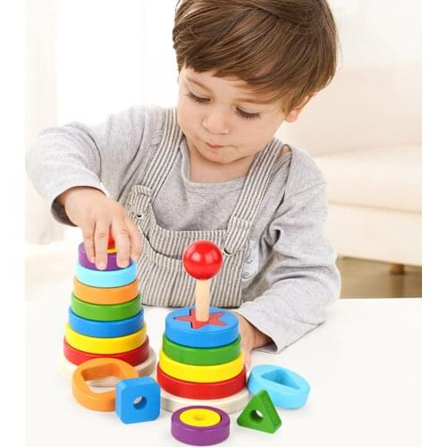 Childrens Wooden Educational Toys Building Blocks Rainbow Tower Flower Tower Stacking High Ring Plaything
