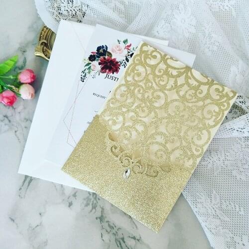 25pc Champagne Pocket Wedding Invitations Personalized Print Insert And White Envelope
