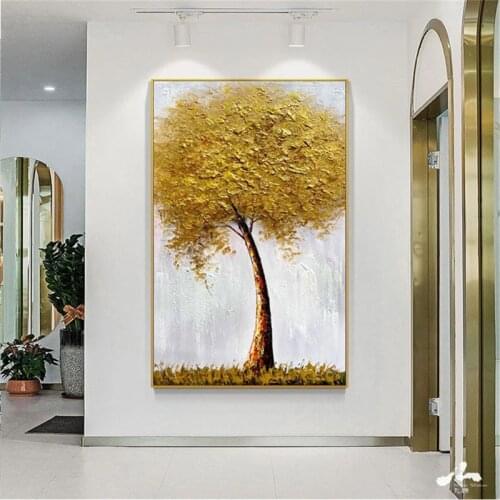 100% Handmade Oil Painting On Canvas Big Money Tree Yellow Tree Hanging Picture Artwork Poster For Living Room Hallway No Frame
