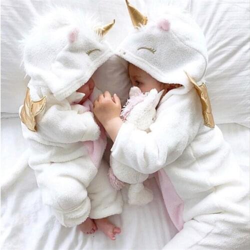 Baby Girl 3D Unicorn Flannel Rompers Fashion Girls Cartoon Hooded warm Zipper Jumpsuit Newborn Romper Clothes
