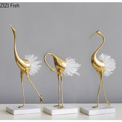 Creative Golden Crane Animal Sculpture Pure Copper Marble Base Natural Crystal Stone Figurines Crafts Desktop Living Room Decor
