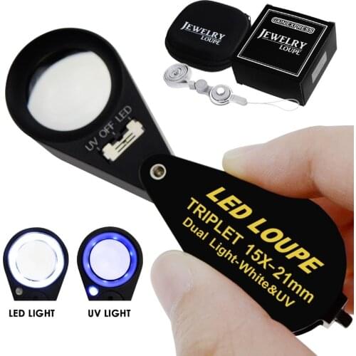 15x 21mm Optic Glass Loupe 6 LED & UV Light Magnifier Jeweler Foldaway Triplet Lens Black Frame Photographer Hobbyist Watchmaker
