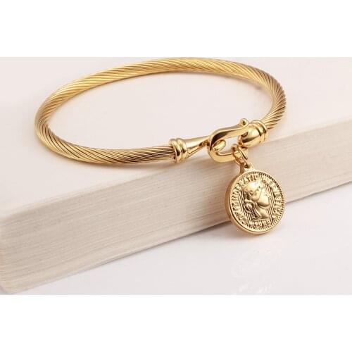 Stainless Steel Queen Coin Gold Plated Trendy Bracelets For Men Women Wedding Hook Closure Bangle Jewelry Birthday Gift