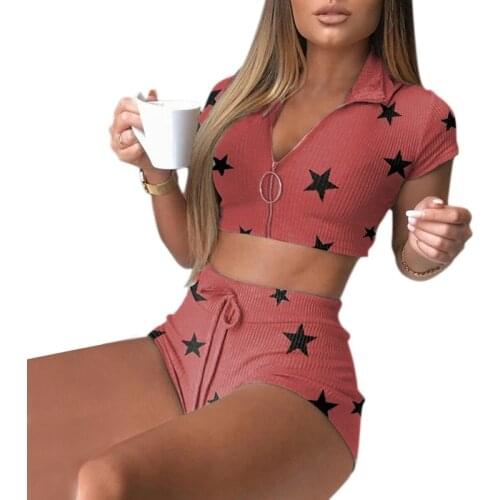 Fashion Sexy Lady Suit Zipper Short Sleeve Drawstring Shorts Sports Suit V-Neck Two Piece Outfits For Women Tracksuit Printed