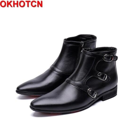 Genuine Leather Mens Boots Black Pointed Toe Buckle Man Boots Shoes Fashion Zipper Suede Ankle Men Winter Boots Waterproof Shoes