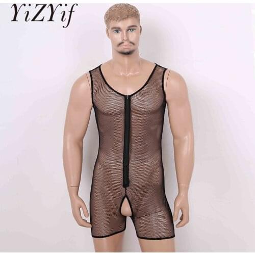 Mens Tank Leotard Bodysuit One-piece See Through Sheer Fishnet Lingerie Men U-neck Crotchless Front Zipper Jumpsuit Underwear