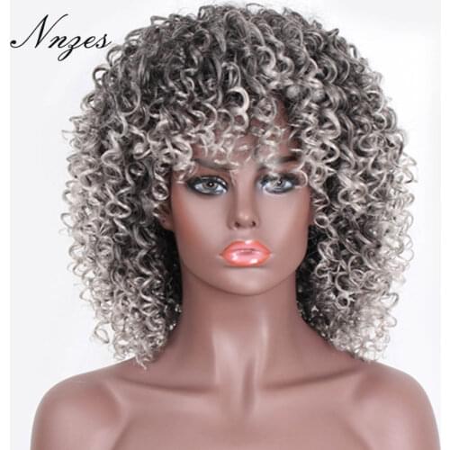 NNZES 14inches Afro Kinky Curly Wig Ombre Black Gray Wig With Bangs Synthetic Long Wigs for Black Women