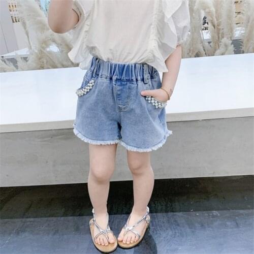 2-7T Floral Jeans Shorts For Girls Toddler Kid Baby Clothes Pearl Loose Denim Shorts Elegant Cute Sweet Summer Trousers
