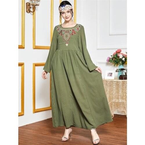 Empire Striped muslim arabic dress Patchwork Embroidery Maxi Dresses Modest Ethnic Long Sleeve Turkey Autumn 2020 moroccan abaya