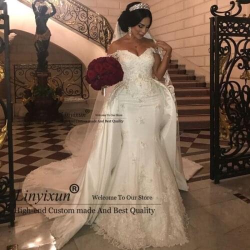 Elegant Beaded Lace Wedding Dresses With Detachable Train Off Shoulder Mermaid Bridal Gowns Applique Ivory Satin Wedding Dress