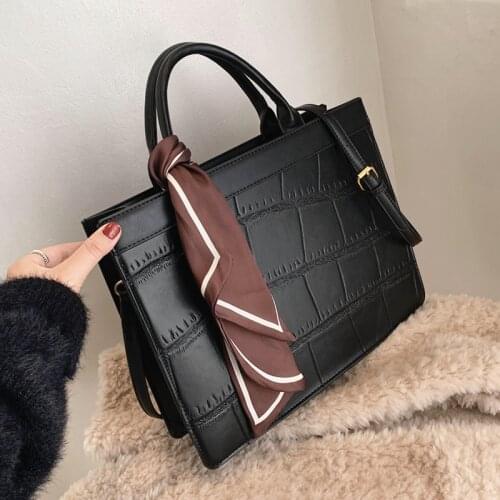 Vintage Large Crocodile Effect Tote Scarf Women Handbags PU Leather A4 Work Female Briefcase Ladies Shoulder Crossbody Bags 2021
