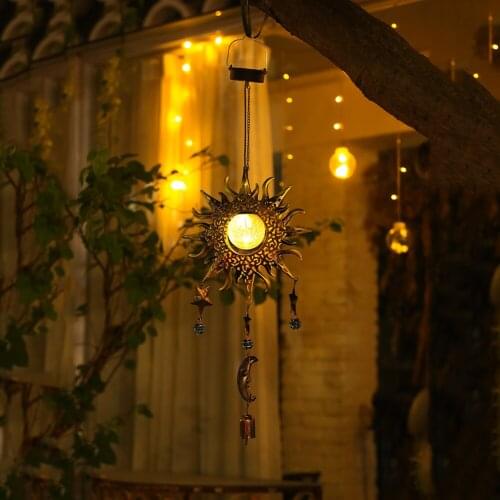 LED Solar Wind Chime Light Wrought Iron Sun Pendant Lamp Outdoor Hanging Night Lights for Home Garden Decoration