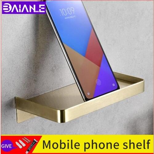 Bathroom golden mobile phone shelf stainless steel wall mounted adhesive shelves storage rack toilet rolling holder with shelf