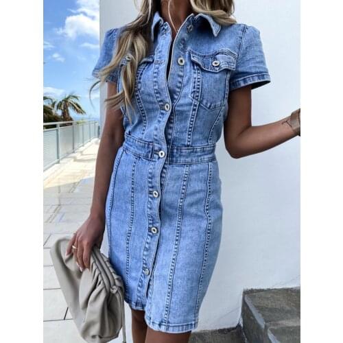 Women Light Blue Dresses Summer 2021 Single-Breasted Fashion Hip Denim Dress Korean Version Casual All Match Clothes