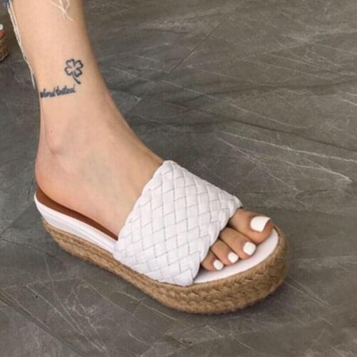 Korean Hemp wedges knitted band slip on woman slippers outside flipflops shoes women sandals open toe weave platform slides 2020