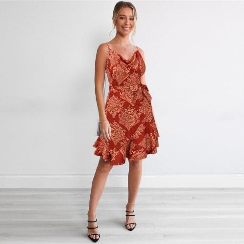 Woman Sexy Backless Spaghetti Print Mini Dress Fashion V-neck Sleeveless Ruffles Dresses For Women 2021 Summer Boho Robe Femme