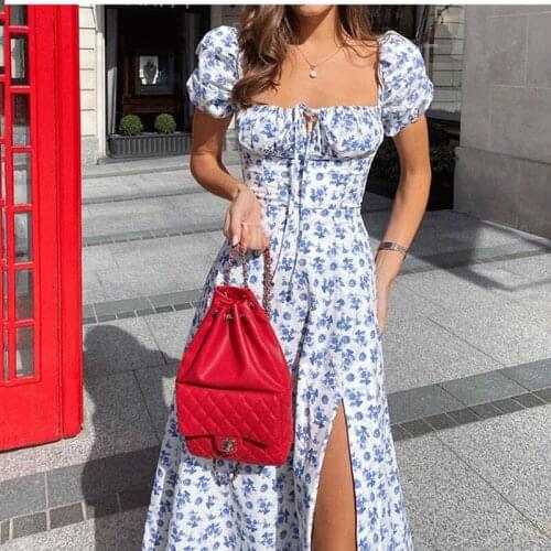 Beach Dress Summer Fashion White Elegant Ladies Backless Clothes Puff Sleeve Floral Print Split Long Dresses For Women Robe New