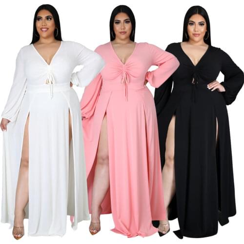 Women Sexy High Split Deep V Neck Dress Long Sleeve Hollow out Dress Elegant Bandage Plus Size Party Evening Dress