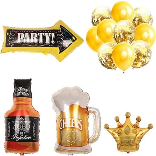 Gold Crown Helium Ball Champagne Mug Whiskey Wedding Birthday Party Decorations Adult Kids Balloons Globos Baby Shower Supplies