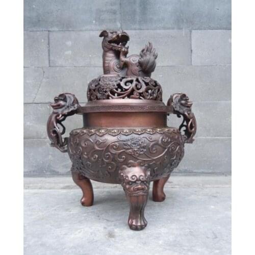 11" Chinese fancy red bronze copper Foo Dogs lions censer incense burner Statue