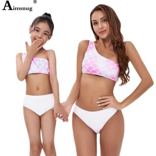 Aimsnug 2021 Matching Family Mother Girl Swimsuit One Shoulder Bikini Sets Cover-up Latest Fashion Tie Dry Three Pieces Swimwear