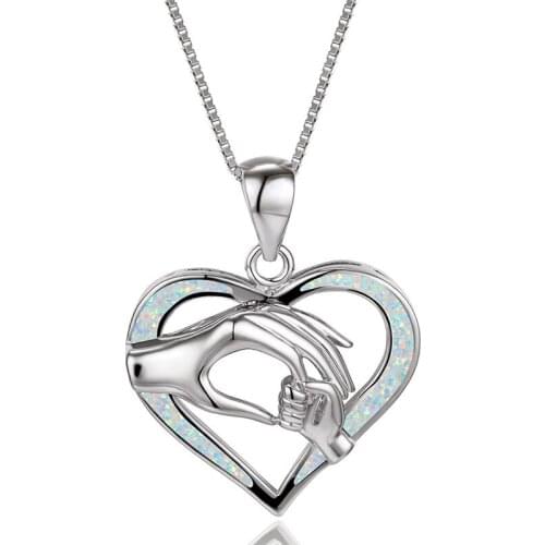 White Blue Opal Mom Necklace Hand in Hand Love Heart Pendant Necklaces For Women Vintage Rose Gold Silver Color Chain Necklace