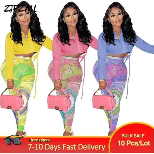 Bulk Items Wholesale Lots Fall Clothes for Women Y2K Tracksuit Full Sleeve Short Tops and Stretch Waist Mesh Print Sheath Pant