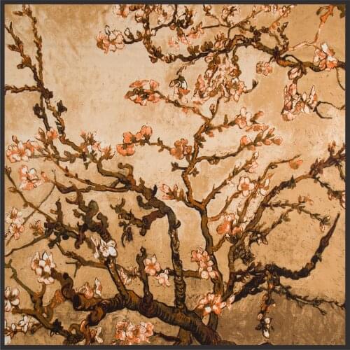 130cm Brand Bandana Twill Silk Scarf Van Gogh Oil Painting Apricot Flower Print Kerchief Woman Turban Headband Large Hijab