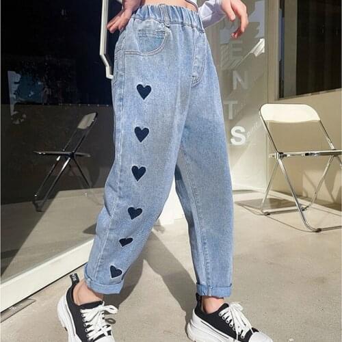 Girls Jeans Lovely Heart High Waist Kids Denim Pant for Toddler Girl Children Spring Fall Trousers 2021 New Casual Teens Jean