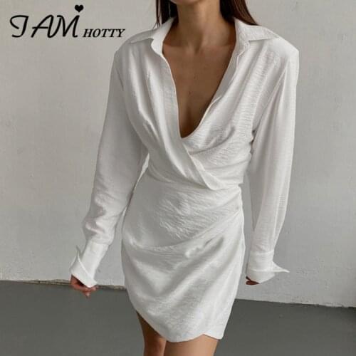 Twist Draped Elegant Shirt Dress Women Elegant Pure Color Long Sleeve Mini Dresses Party Office Dress Straight Robe New Iamhotty
