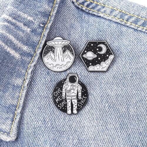 Outer Space Landscape Enamel Pins Custom Wholesale Black and White Painting Brooch Lapel Pin Cartoon Badge Gift for Kids Friends