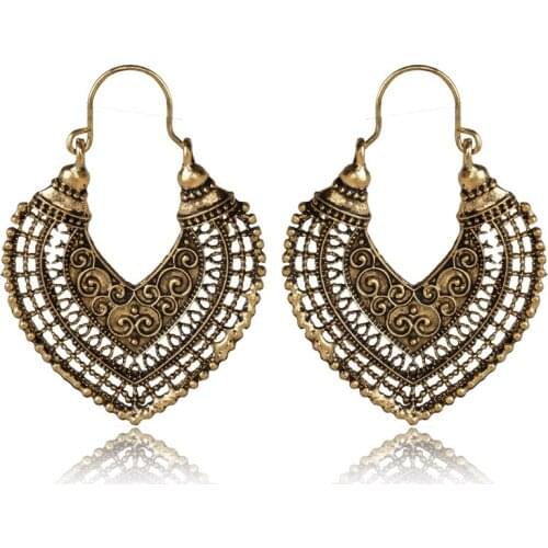 HC Vintage Hart Shaped Gold Silver Color Earring Women Antique Jewelry Bohemian Hollowed Statement Earring Ethnic Drop Earring F