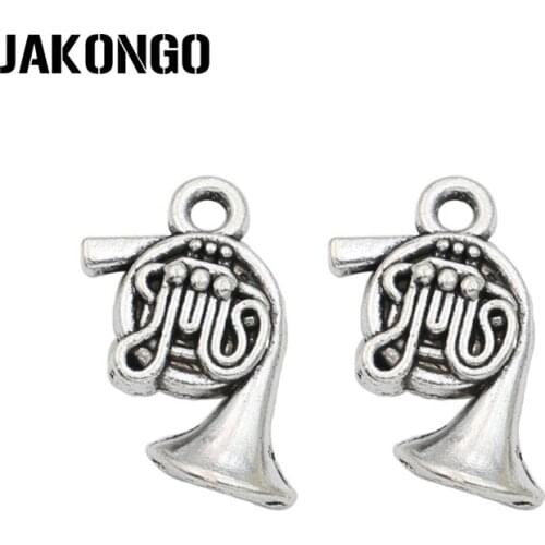 JAKONGO Antique Silver Plated French Horn Charm Pendants for Jewelry Accessories Making Bracelet Findings DIY 19x10mm 20pcs/lot