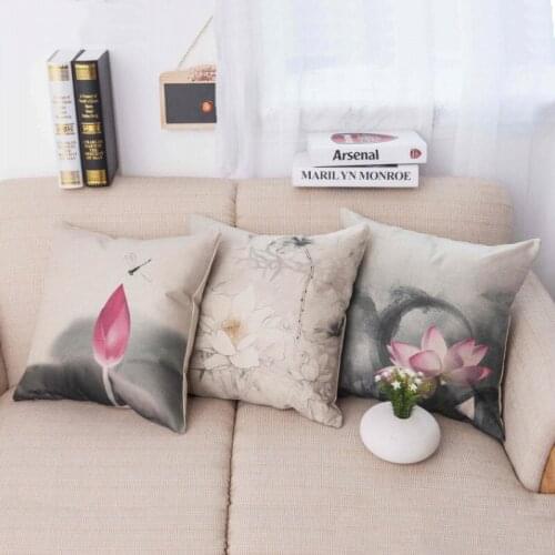 Chinese Ink Painting Art Lotus Flower Read Room Decoration Chair Cushion Cover Cotton Linen Sofa Throw Pillow Cover Car Pillows